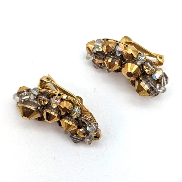 Hobe Gold Beaded AB Aurora Borealis Crystal Crescent Earrings Signed Vintage - Picture 7 of 10